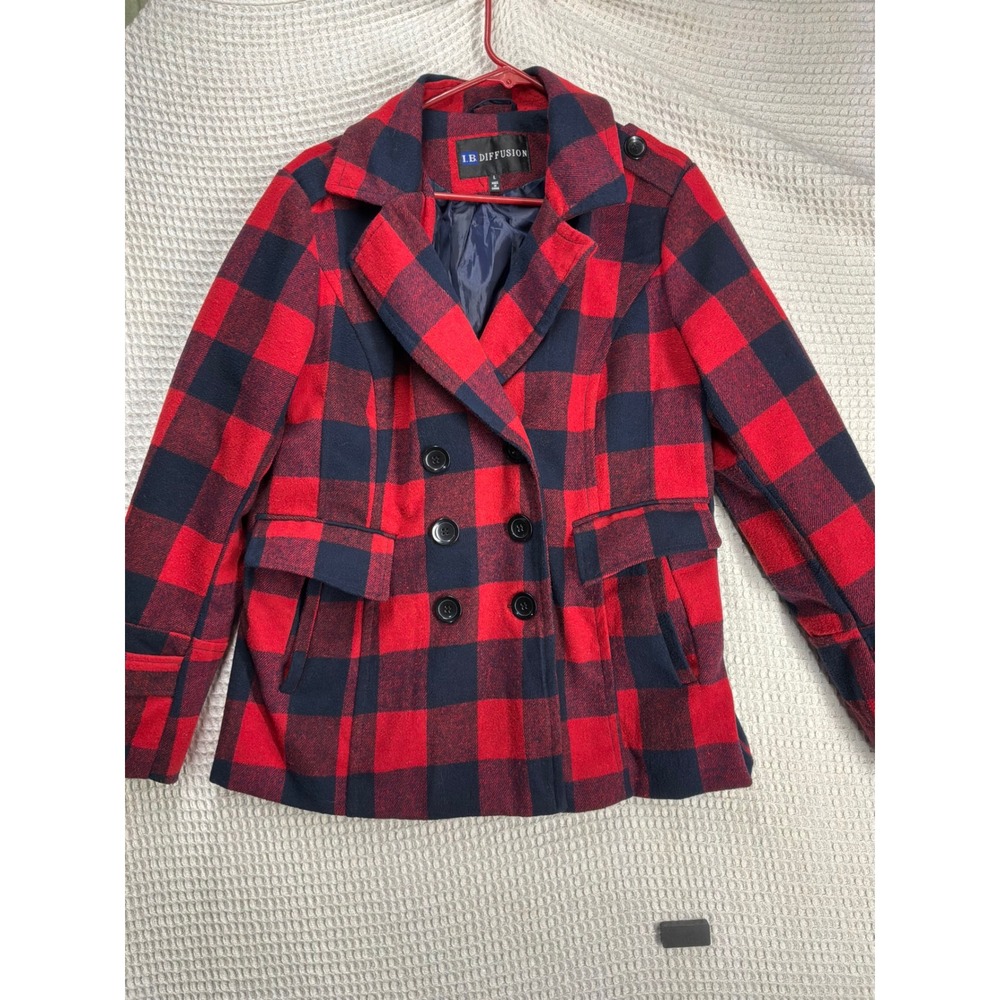 Cabincore Womens I.B. Diffusion Buffalo Plaid Wool Blend Pea Coat L Red Navy